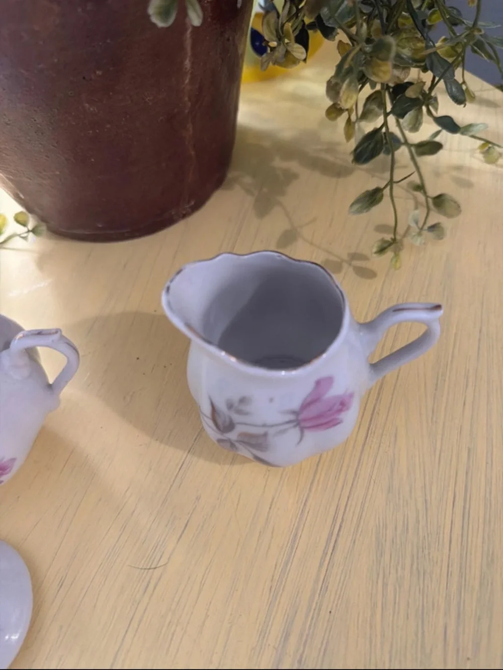 Enesco White Porcelain Sugar Bowl and Creamer with Pink Rose Motif